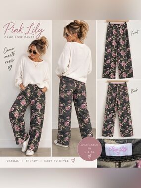 Pink Lily Olive Camo Pants with Pink Rose Print